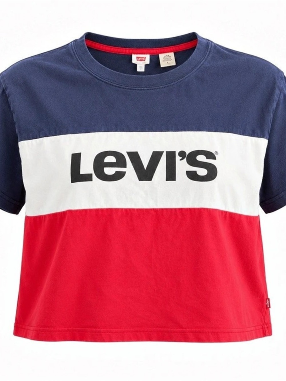 Levi’s Women’s Large Crop T Shirt Red White Blue Colorblock Logo Boxy Tee